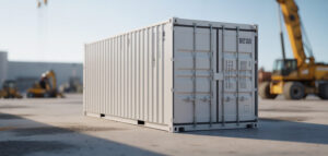 En ensam, ren vit container på en byggarbetsplats, fotograferad i naturligt ljus.