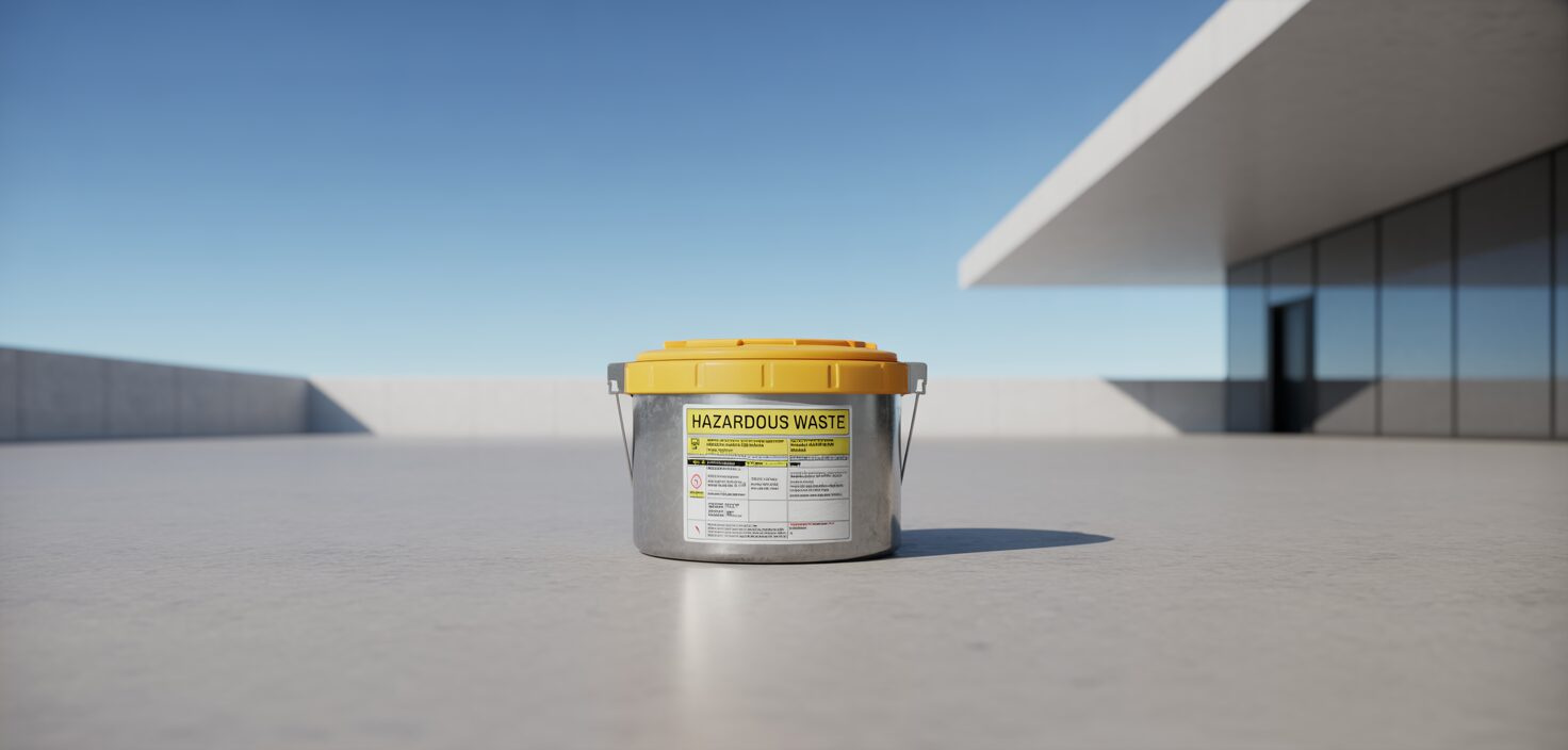 En realistisk bild av en gul container för farligt avfall placerad utomhus.