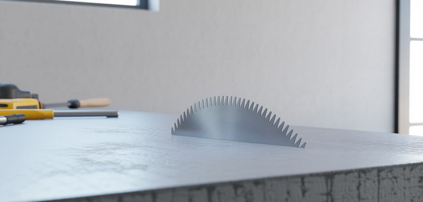Ett fotorealistiskt foto av ett diamantsågklinga på en betongyta, som används för rivning.