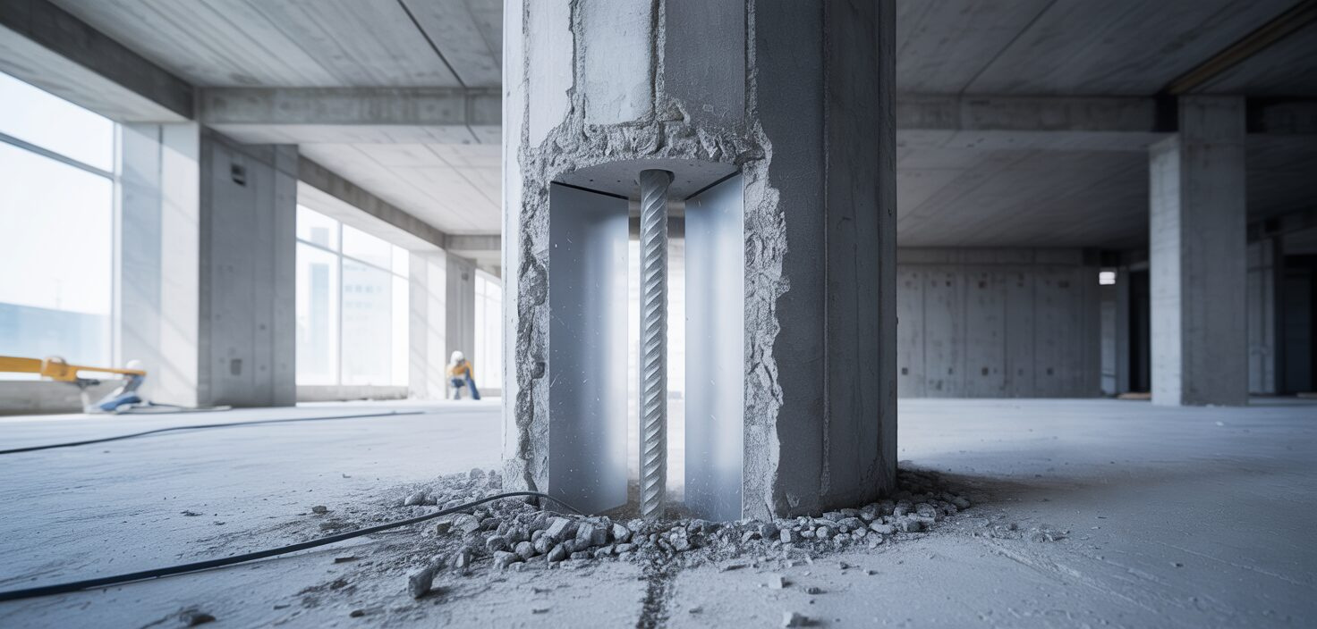 Fotorealistisk bild av diamantvajer som skär genom betongpelare på en byggarbetsplats.