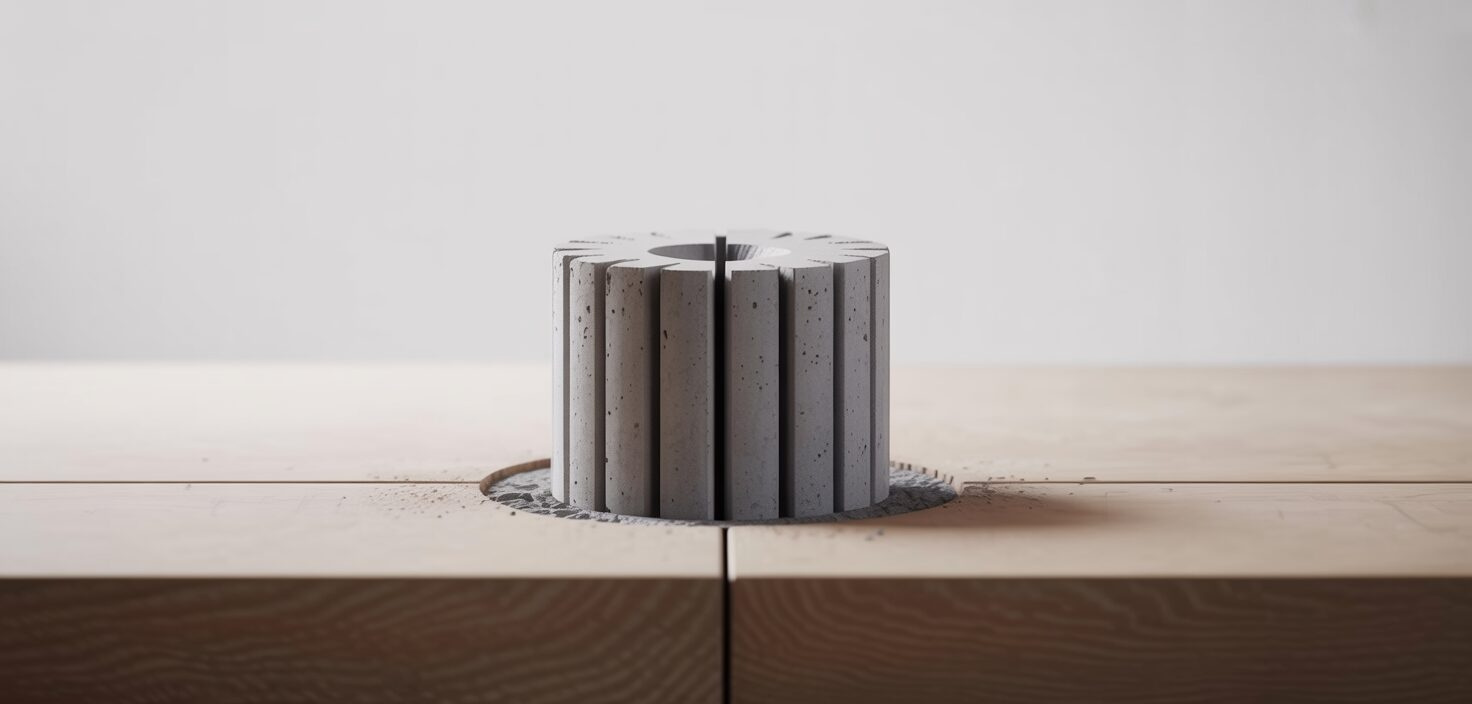 Fotorealistisk bild av en kärnprov från betong, borrad med diamantborrning, på en träyta. Minimalistisk design.