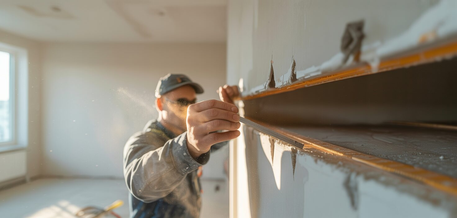 En arbetare demonterar en gipsskiva i en lägenhet under en renovering. Scenen är ljus och ren.