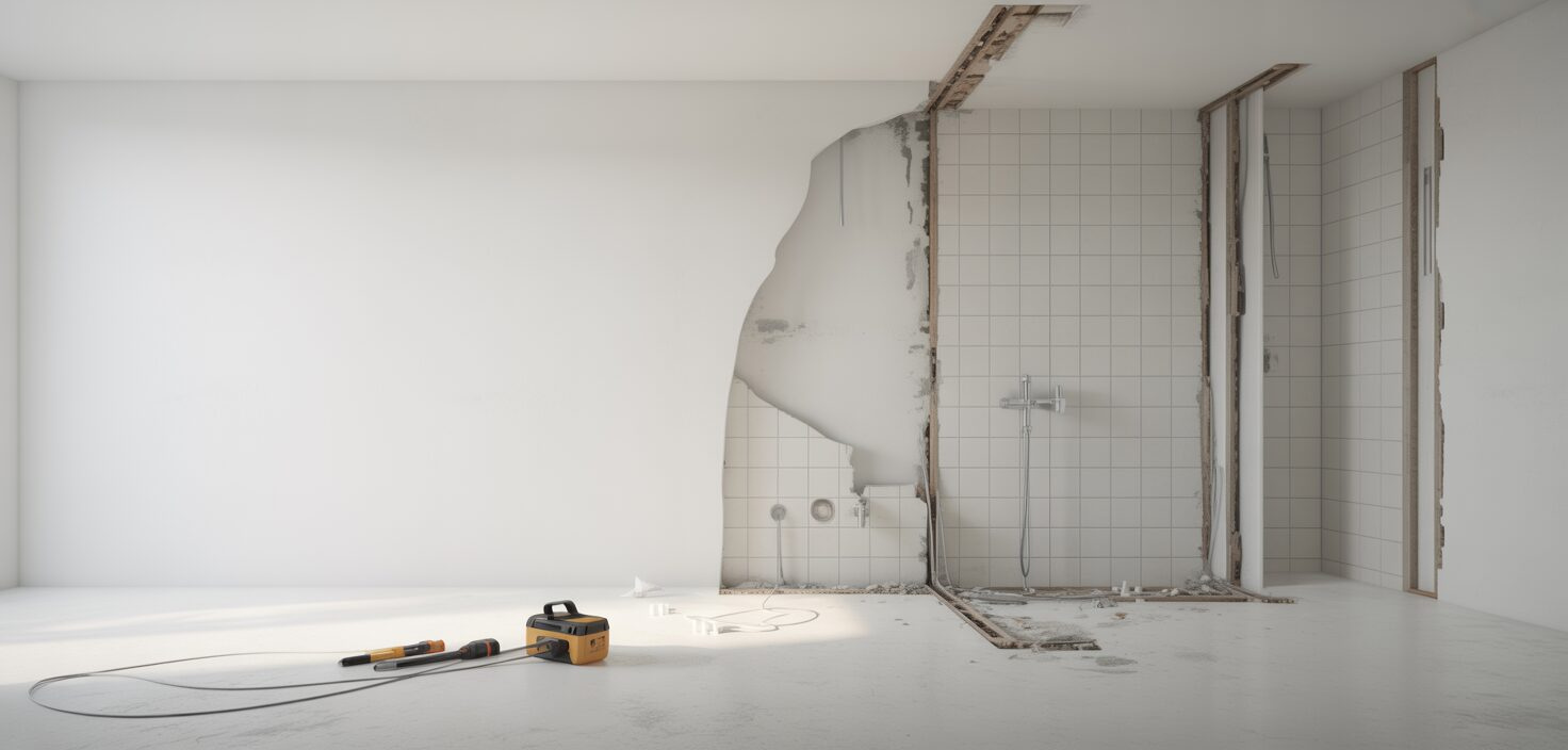 Fotorealistisk bild av ett minimalistiskt badrum under renovering, med exponerade väggreglar och verktyg.