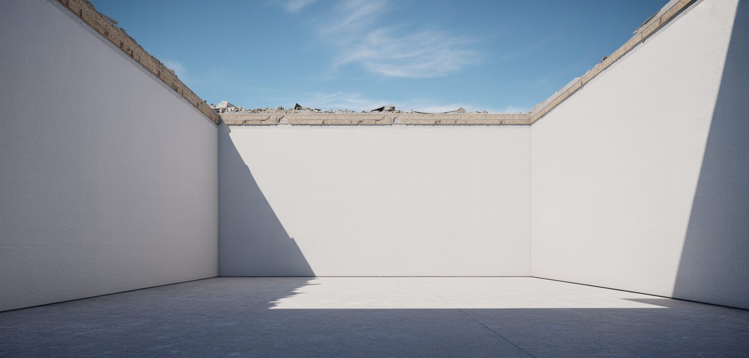 Fotorealistisk bild av nyligen riven byggnad med vit fasad och blå himmel.