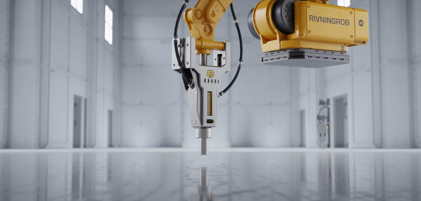Rivningsrobot i arbete, fjärrstyrd och effektiv. Foton av maskinen i en ren och industriell miljö. Säkerhet och precision.